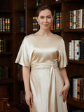 Clare Sheath/Column Elastic Woven Satin Ruched Scoop Short Sleeves Tea-Length Mother of the Bride Dresses STIP0020242