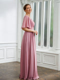 Jazmyn A-Line/Princess Chiffon Ruched V-neck 1/2 Sleeves Floor-Length Mother of the Bride Dresses STIP0020248