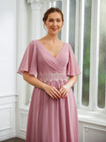 Jazmyn A-Line/Princess Chiffon Ruched V-neck 1/2 Sleeves Floor-Length Mother of the Bride Dresses STIP0020248