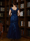 Willow Sheath/Column Tulle Applique V-neck Short Sleeves Floor-Length Mother of the Bride Dresses STIP0020241