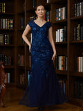 Willow Sheath/Column Tulle Applique V-neck Short Sleeves Floor-Length Mother of the Bride Dresses STIP0020241