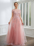 Zoey A-Line/Princess Tulle Applique Bateau Short Sleeves Floor-Length Dresses STIP0020242