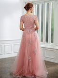 Zoey A-Line/Princess Tulle Applique Bateau Short Sleeves Floor-Length Dresses STIP0020242