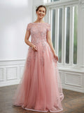 Zoey A-Line/Princess Tulle Applique Bateau Short Sleeves Floor-Length Dresses STIP0020242