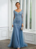 Patricia Sheath/Column Tulle Applique V-neck Long Sleeves Sweep/Brush Train Mother of the Bride Dresses STIP0020244