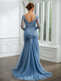 Patricia Sheath/Column Tulle Applique V-neck Long Sleeves Sweep/Brush Train Mother of the Bride Dresses STIP0020244