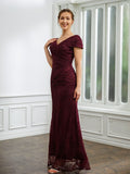 Jemima Sheath/Column Lace Ruched V-neck Short Sleeves Floor-Length Mother of the Bride Dresses STIP0020246