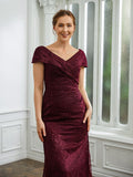 Jemima Sheath/Column Lace Ruched V-neck Short Sleeves Floor-Length Mother of the Bride Dresses STIP0020246