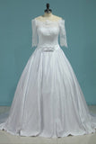 2024 Wedding Dresses Boat Neck Satin With Applique And Sash PFQJPM64