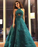 Unique A Line Green Halter Beading Satin Long Prom Dresses, Cheap Evening Dresses STI15451