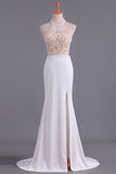 2024 See-Through High Neck Two Pieces Prom Dresses Spandex With Slit PBM4NTGT