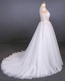 A Line Straps V Neck Lace Appliques Tulle Wedding Dresses Long Wedding Gowns STI15034