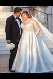 Embroidery Beadings Deep V Neck Plus Size Wedding Dresses Ivory Satin Oversize P4JGCJ62