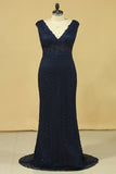 2024 Black V Neck Prom Dresses Sheath Lace Deep V Back Sweep Train Plus P65253HE