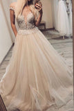 Long Prom Dresses A-line V-neck Off-Shoulder Tulle Pageant Gown