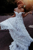 A Line Sweetheart Off the Shoulder Tulle Ivory Long Wedding Dresses with Appliques STI15557