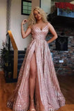 Sexy Rose Gold Spaghetti Straps V Neck Prom Dresses with Side Slit, Sequins Prom Gowns STI15350