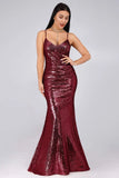 Sexy Spaghetti Straps Burgundy Sequins V Neck Party Dresses Mermaid Prom Dresses STI15358