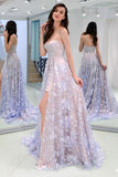 Charming Sweetheart Strapless Lace Appliques Lilac Prom Dresses with STI20404