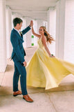 Unique A Line Yellow Satin Prom Dresses with Pockets, Simple Formal STI15680