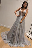 Dazzling Silver Sequins Prom Dresses Backless Formal PLNNR52B