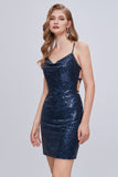 Blue Spaghetti Strap Sequins Backless Short Homecoming Dresses