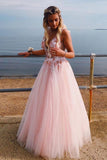 Elegant Deep V Neck Backless Long Pink Prom Dress with Appliques Beading, Party Dress STI15165