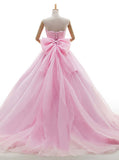 Pink Tulle Strapless With Bowknot Sleeveless Appliques Ball Gown Wedding Dresses