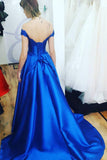 Royal Blue Sweetheart Off the Shoulder Satin Lace up Prom Dresses with Appliques