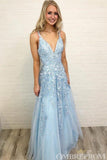 Sky Blue Prom Dresses Spaghetti Straps Sleeveless Lace Appliques Party Dresses