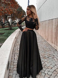 Two Piece Black Long Sleeve Scoop Jewel Appliques Prom Dresses with Satin