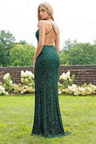 Sexy Mermaid Green V Neck Sequins Criss Cross Prom Dresses Cheap Evening Dresses