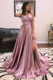 A Line V Neck Satin Lace up Dusty Rose High Slit Prom Dresses Long Evening Dresses