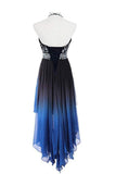 Unique High Low Sleeveless Halter Ombre Prom Dresses Bridesmaid Dresses with Beading