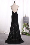 2024 Sexy Sheath Black Prom Dresses Spaghetti Straps PD3JGE49