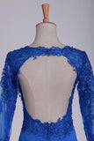 2024 Royal Blue Prom Dresses Long Sleeves Mermaid/Trumpet Satin With PCZZZM98