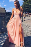 Spaghetti Strapless Pink Front Split Simple Elegant Long Prom Dresses PQMS9RRT