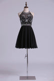 2024 Open Back Halter Short Prom Dress Beaded Bodice A Line Pick Up Chiffon PN248XN1