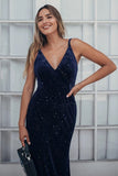 V-Neck Spaghetti Straps Velvet Dark Navy Blue Mermaid Evening Dress, Prom Dresses STI15480