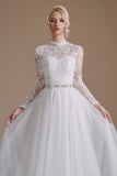 A-Line Lace Appliques Long Sleeve Tulle Chapel Train Wedding Dresses