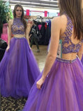 Stylish Two Piece High Neck Floor-Length Prom Dress with Beading Open Back