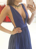 Simple Deep V-Neck Open Back Long Blue Prom Dresses