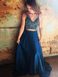 Dark Navy Two Piece Spaghetti Straps Beading Elastic Satin Prom Dresses