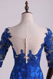 2024 Hot Bateau Dark Royal Blue Mother Of The Bride Dresses 3/4 Length Sleeve With Applique P3F4ASXD