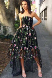 Strapless Black High Low Flowy Embroidery Prom Dresses PZFJTMND