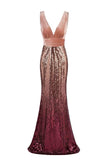 Sexy Sequins Mermaid V Neck Burgundy Velvet Long Prom Dresses Backless Evening Dress STI15352