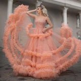 Gorgeous Ball Gown Spaghetti Straps Tulle Ruffles V Neck Prom Dresses with Sequins STI15519