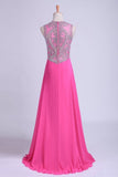 2024 Scoop A-Line Chiffon&Tulle Floor-Length Prom Dresses With Beads PDHB8NG4