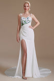 Simple Spaghetti Straps Appliques Sweep Train High Split Wedding Dresses