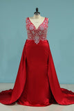 2024 Satin V Neck Beaded Bodice Prom Dresses P21KQE6G